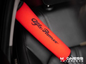 Seat Belt Shoulder Pads - set of 2 - Red w/ Alfa Romeo Logo + Black Binding